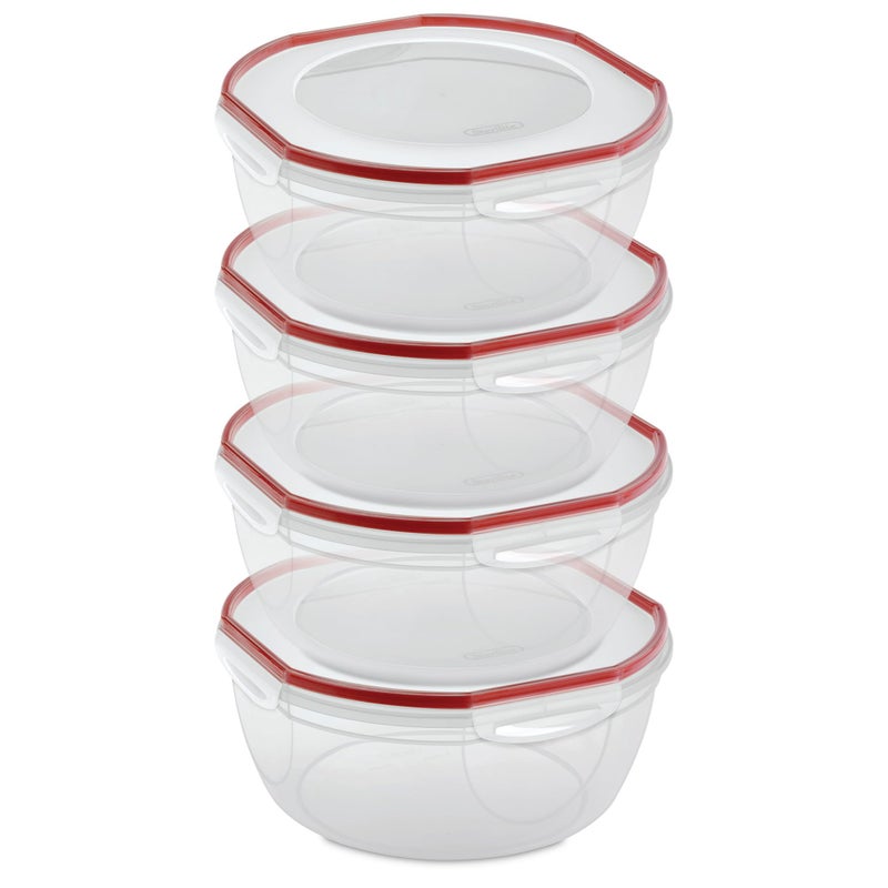Sterilite Ultra-Seal 8.1 Qt Bowl  Large Airtight Food Storage Container  Latching Lid  Microwave and Dishwasher Safe  Clear With Red Gasket  4-Pack - Image 1