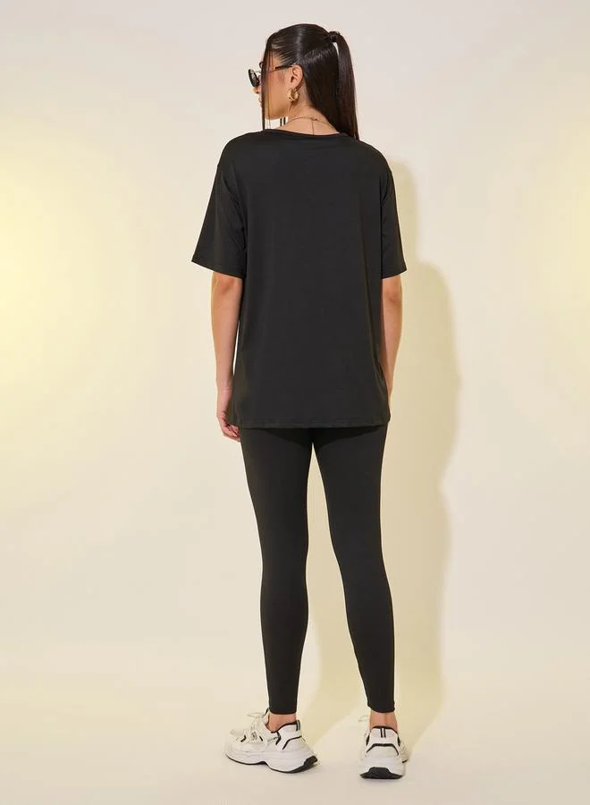 تايك تو Slogan Printed Short Sleeve T-Shirt and Leggings Co-Ords