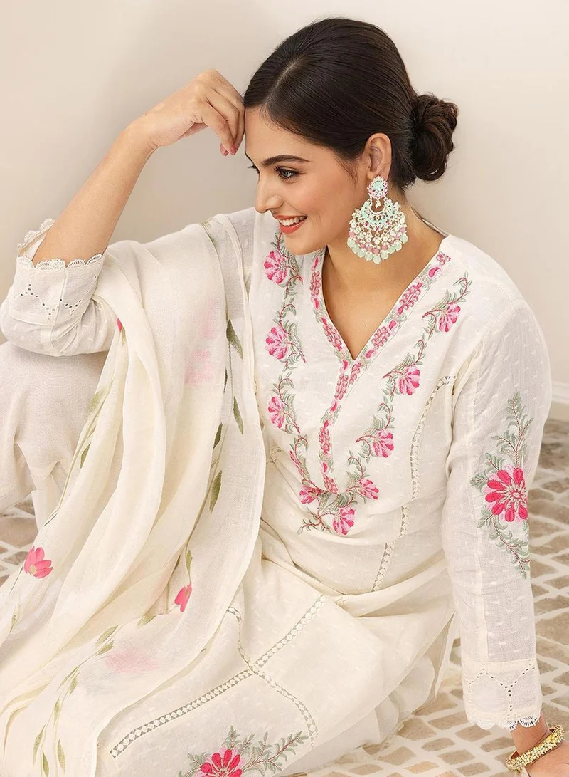 Women's Off White 100% Cotton Embellished Tunic Full Length Casual Straight Fit Kurta Set