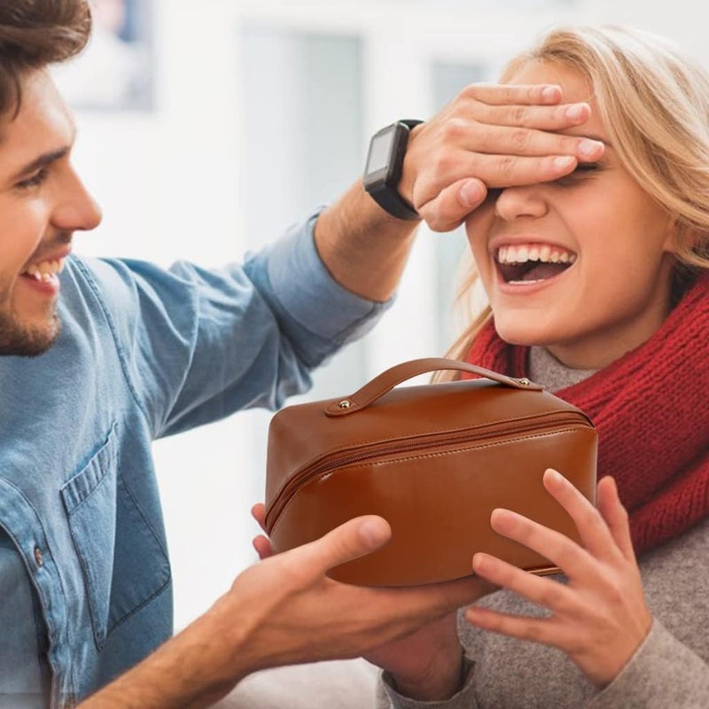 أميرتير حقيبة مستحضرات تجميل للسفر من أميرتير، ذات سعة كبيرة، حقيبة تخزين متعددة الوظائف من الجلد الصناعي، مزودة بمقبض وفاصل، حقيبة مستحضرات تجميل للسفر للنساء، لون بني، حقيبة أدوات تجميل - Image 2