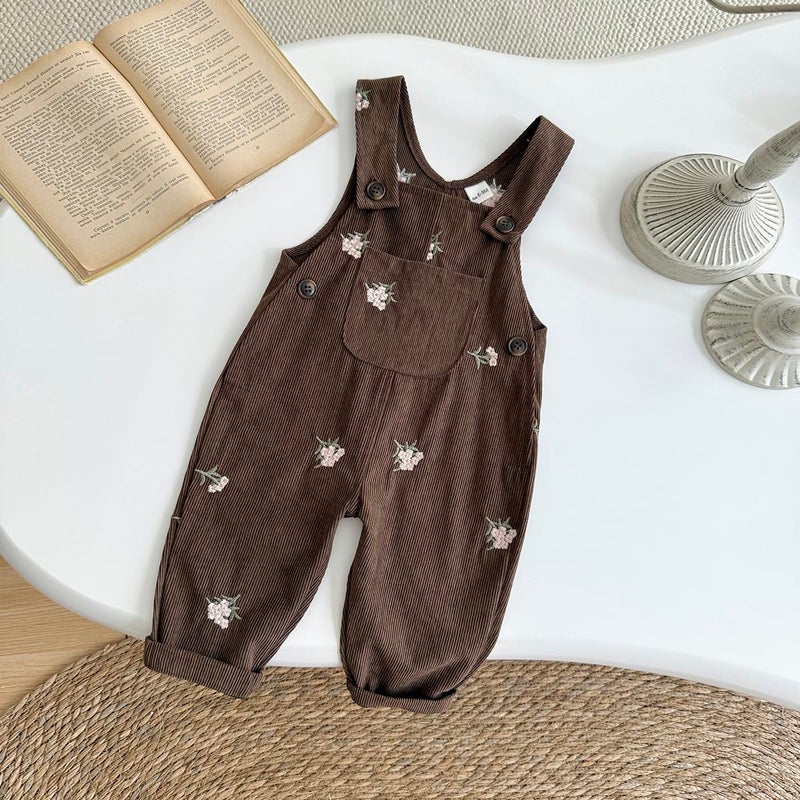 Korago Baby Girl Overalls Corduroy with Floral Embroidery,Beige Toddler Jumpsuit Romper,Soft Overall for Girls (6 Months-3T) (US, Age, 18 Months, Brown) - Image 3