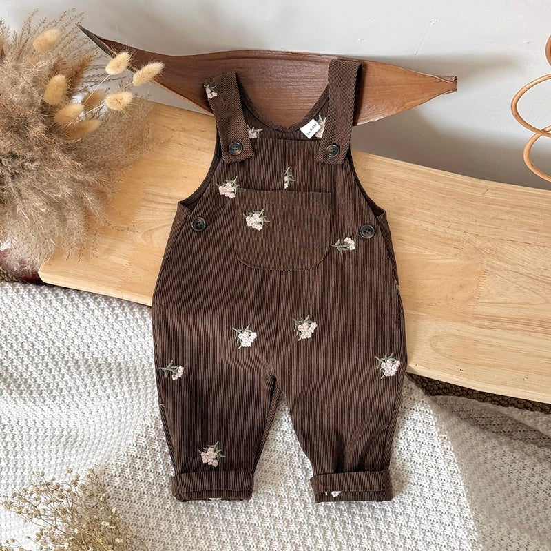 Korago Baby Girl Overalls Corduroy with Floral Embroidery,Beige Toddler Jumpsuit Romper,Soft Overall for Girls (6 Months-3T) (US, Age, 18 Months, Brown) - Image 4