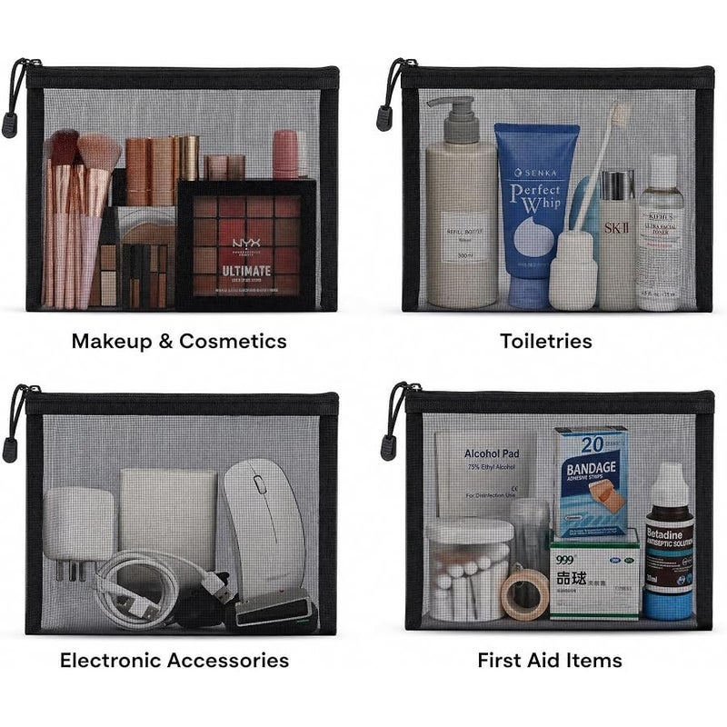 توب-بيندو TOP-Pindu Zipper Mesh Pouch, 6PCS Black Nylon Mesh Cosmetic Bag, Durable Flexible With Thick Metal Zipper, See-Through Breathable Space-Saving For Travel Toiletries, Underwear & First Aid Kits - Image 2