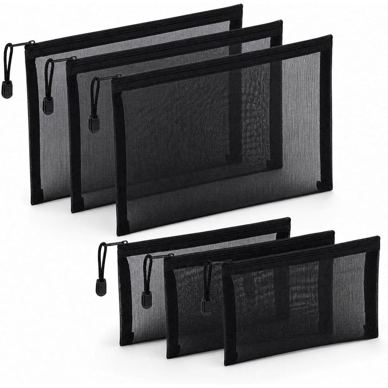 توب-بيندو TOP-Pindu Zipper Mesh Pouch, 6PCS Black Nylon Mesh Cosmetic Bag, Durable Flexible With Thick Metal Zipper, See-Through Breathable Space-Saving For Travel Toiletries, Underwear & First Aid Kits - Image 1