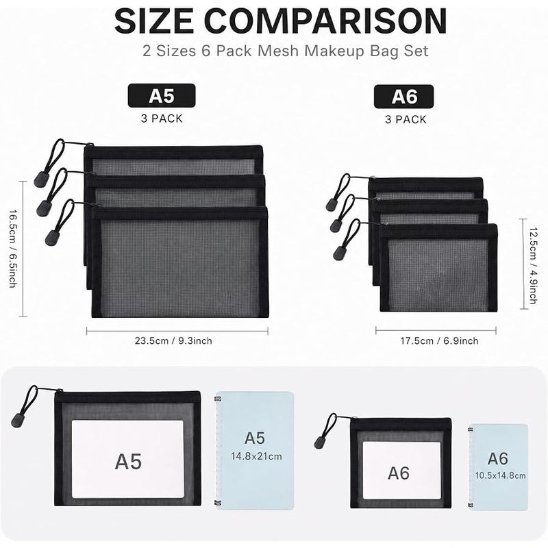 توب-بيندو TOP-Pindu Zipper Mesh Pouch, 6PCS Black Nylon Mesh Cosmetic Bag, Durable Flexible With Thick Metal Zipper, See-Through Breathable Space-Saving For Travel Toiletries, Underwear & First Aid Kits - Image 3