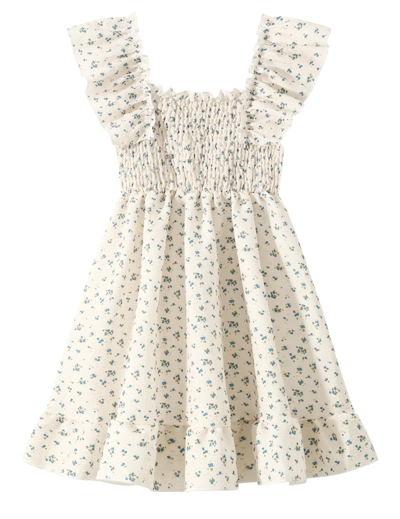 Fdqin Girls Floral Dresses Cute Square Neck A-line Swing Dress Flowy Tie Back Dresses for Spring Summer Beige Floral 5-6 Years - Image 1