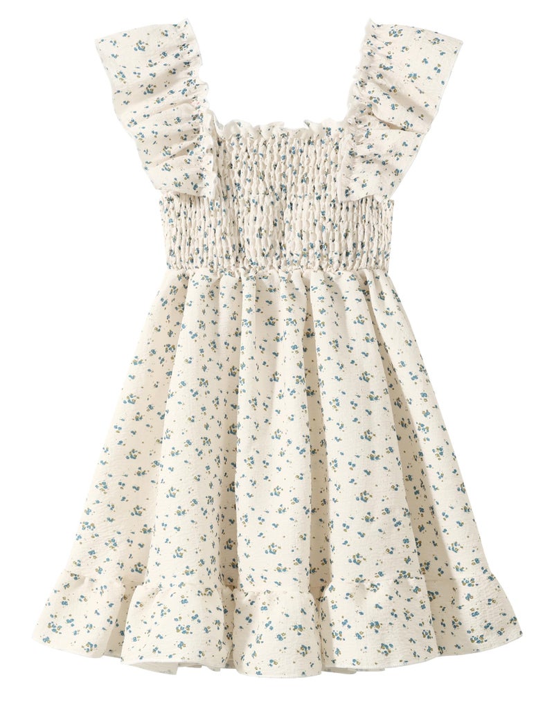 Fdqin Girls Floral Dresses Cute Square Neck A-line Swing Dress Flowy Tie Back Dresses for Spring Summer Beige Floral 5-6 Years - Image 3