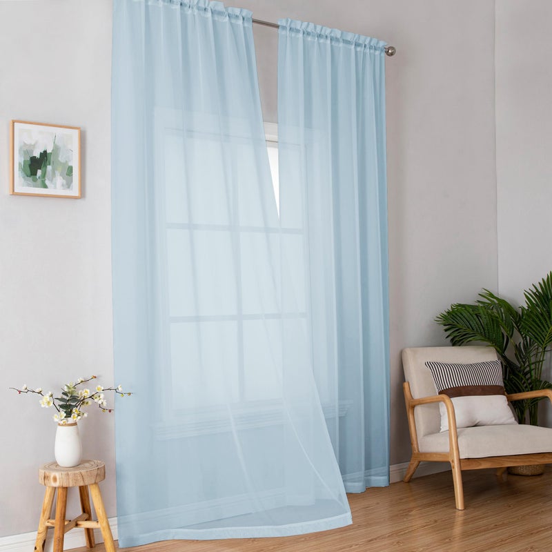 OWENIE Sheer Curtains 90 Inches Long for Bedroom Living Room 2 Panels Set  Light Filtering Voile Sheer Curtains  Airy Rod Pocket Farmhouse Curtains  42Wx90L inch  Sky Blue - Image 2