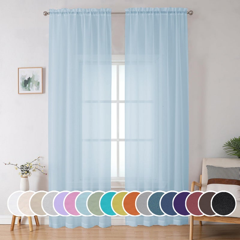 OWENIE Sheer Curtains 90 Inches Long for Bedroom Living Room 2 Panels Set  Light Filtering Voile Sheer Curtains  Airy Rod Pocket Farmhouse Curtains  42Wx90L inch  Sky Blue - Image 1