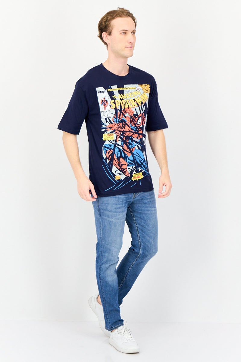 MARVEL Men Crew Neck Short Sleeve Graphic Print T-Shirt, Navy Blue - Image 3