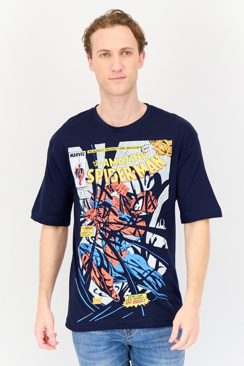 MARVEL Men Crew Neck Short Sleeve Graphic Print T-Shirt, Navy Blue - Image 1