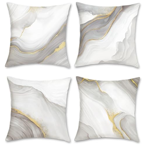 Bonhause Grey Gold Marble Throw Pillow Covers 18 x 18 Inch Modern Abstract Marble Texture Decorative Pillows Case Soft Velvet Cushion Covers for Couch Sofa Bed Home Decor Set of 4