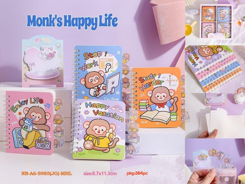 SWOPPERRY Korean Stationery Mini Transparent 3-Hole Binder Spiral Diary Notebook – Cute Kawaii Portable Journal Notebook Agenda for Girls & Students (80+ Pages) (monk's happy life) - Image 2
