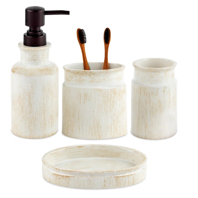Creative Scents Rustic Luxe Bathroom Accessory Set Complete 4 Piece Beige Bathroom Soap Dispenser Set has Lotion Dispenser Toothbrush Holder Tumbler Soap Dish Modern Farmhouse Bathroom Decor