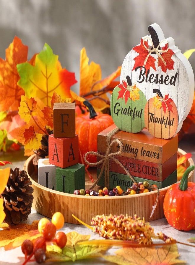 Vercraft 8 Pcs Fall Wooden Pumpkin Decorations Thanksgiving Blessed Grateful Thankful Table Centerpieces Wooden Block Signs for Autumn Harvest Farmhouse Thanksgiving Home Party Decor Supplies - Image 3