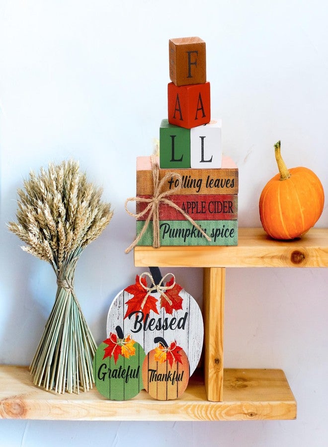 Vercraft 8 Pcs Fall Wooden Pumpkin Decorations Thanksgiving Blessed Grateful Thankful Table Centerpieces Wooden Block Signs for Autumn Harvest Farmhouse Thanksgiving Home Party Decor Supplies - Image 4