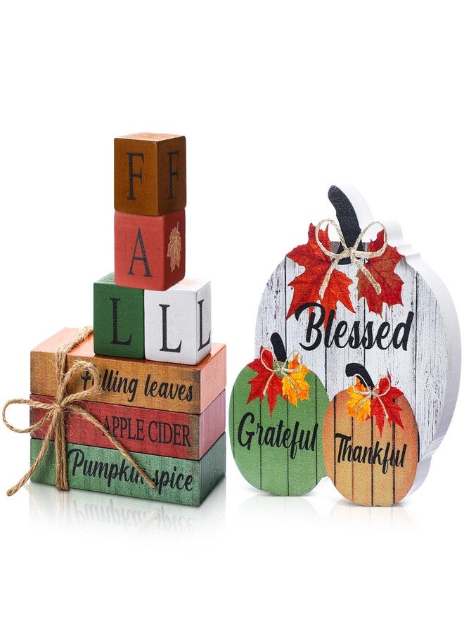Vercraft 8 Pcs Fall Wooden Pumpkin Decorations Thanksgiving Blessed Grateful Thankful Table Centerpieces Wooden Block Signs for Autumn Harvest Farmhouse Thanksgiving Home Party Decor Supplies - Image 1