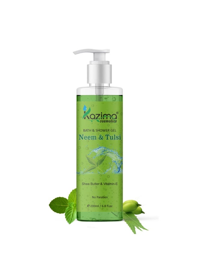 KAZIMA Neem & Tulsi Bath Shower Gel & Luxury Body Wash (200ML) with Shea Butter, Vitamin E, Aloe Vera, Rose, Lavender, Honey & Sandalwood (Free From Parabens) - Image 1