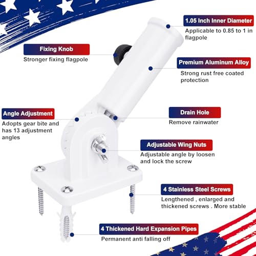 HPGOED Flag Pole Holder, Outside House Flag Pole Bracket, Heavy Duty Metal Flag Mount, Aluminum Alloy Mounting Brackets, Outdoor Adjustable Flag Holder- Strong Rust Free, Multi-Position 1 inch White - Image 3