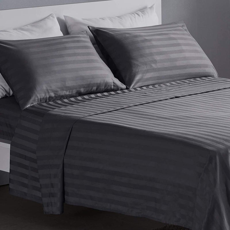 LINENWALAS LINENWALAS Summer Special AntiPilling Cotton 310TC Satin Stripes Double Bedsheet with 2 Pillow Covers Grey  - Image 1