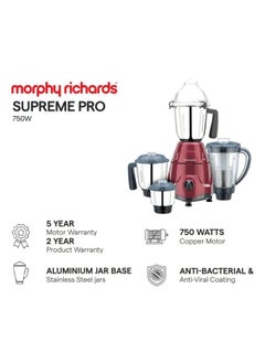 morphy richards MORPHY RICHARDS Mixer Grinder Supreme PRO 750W (640126) Metallic RED & Dark Grey  - Image 4