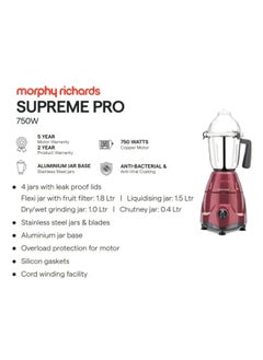 morphy richards MORPHY RICHARDS Mixer Grinder Supreme PRO 750W (640126) Metallic RED & Dark Grey  - Image 5