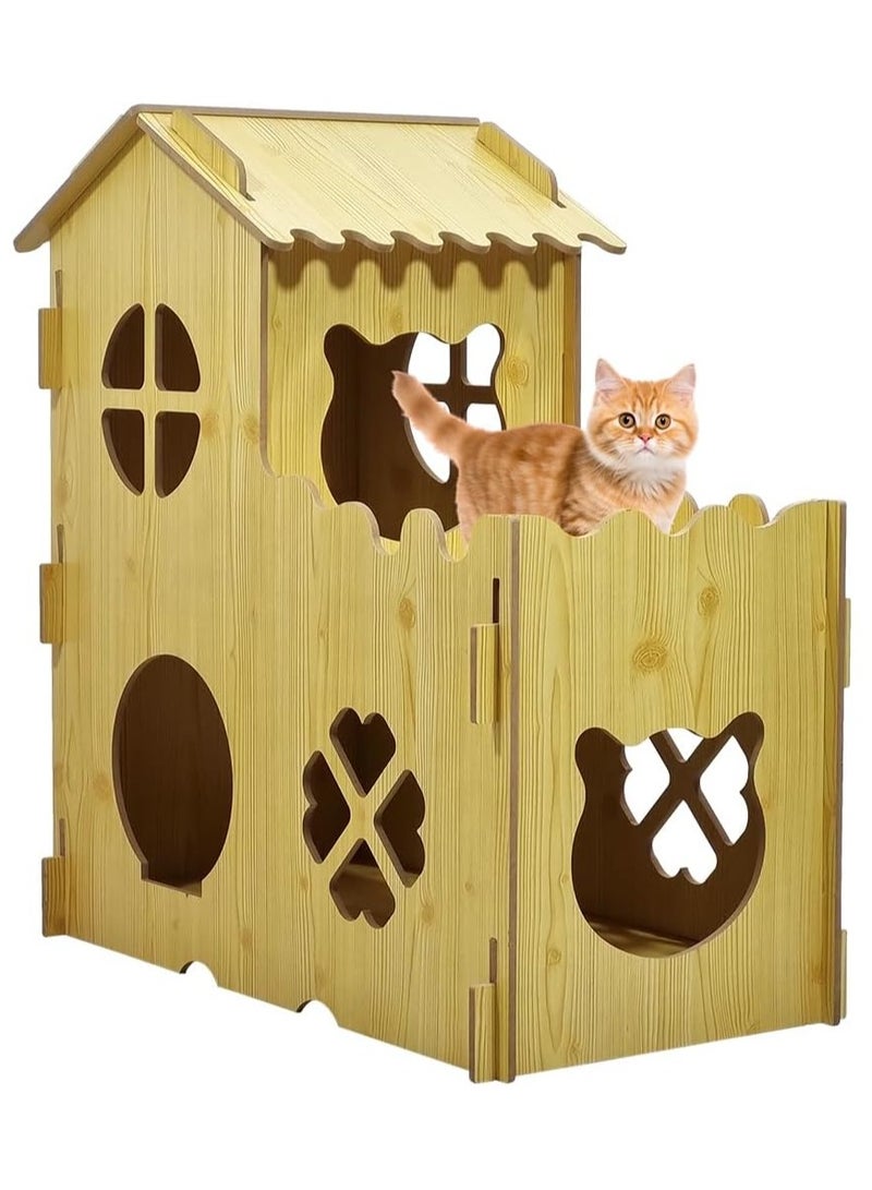 NNC PETS Wooden cat villa, Cozy wooden pet house with Catnip, Double-decker design, Balcony, and Interlocking panel design, Durable MDF pet villa for indoor cats, Easy to install 80 cm (Beige) - Image 1
