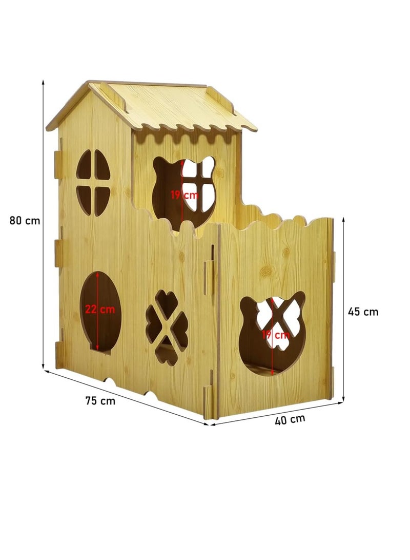 NNC PETS Wooden cat villa, Cozy wooden pet house with Catnip, Double-decker design, Balcony, and Interlocking panel design, Durable MDF pet villa for indoor cats, Easy to install 80 cm (Beige) - Image 2