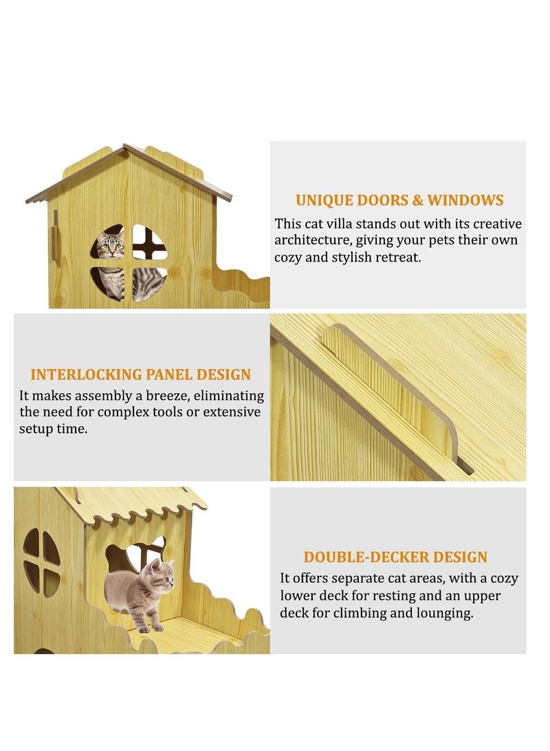 NNC PETS Wooden cat villa, Cozy wooden pet house with Catnip, Double-decker design, Balcony, and Interlocking panel design, Durable MDF pet villa for indoor cats, Easy to install 80 cm (Beige) - Image 3