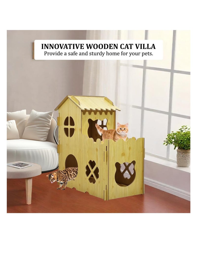 NNC PETS Wooden cat villa, Cozy wooden pet house with Catnip, Double-decker design, Balcony, and Interlocking panel design, Durable MDF pet villa for indoor cats, Easy to install 80 cm (Beige) - Image 5