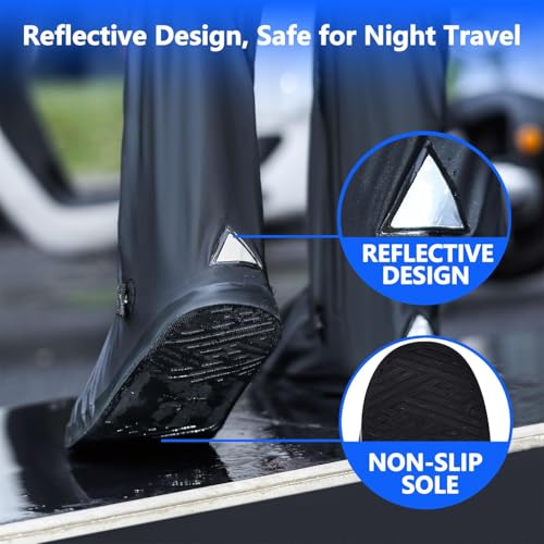 Massmot 23.62 Inch Rain Shoes Cover for Men Women, Tall Waterproof Shoe Cover Protector, Reusable PVC Shoe Cover for Rainy Season with Reflective Strips for Outdoor Activities and Rainy Season (Black, 10UK) - Image 2