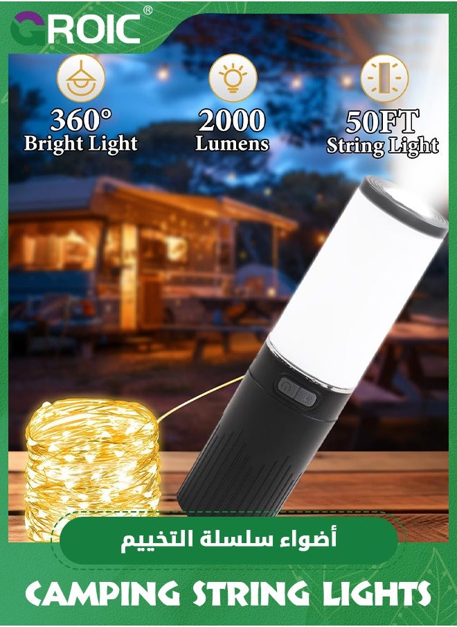GROIC - Camping String Lights, 4 in 1 Outdoor String Lights,LED String Lights Waterproof IPX6 Portable Camping Lantern,Camping Lights with 8000mAh Battery, Camping Lantern Rechargeable Flashlight - Image 1