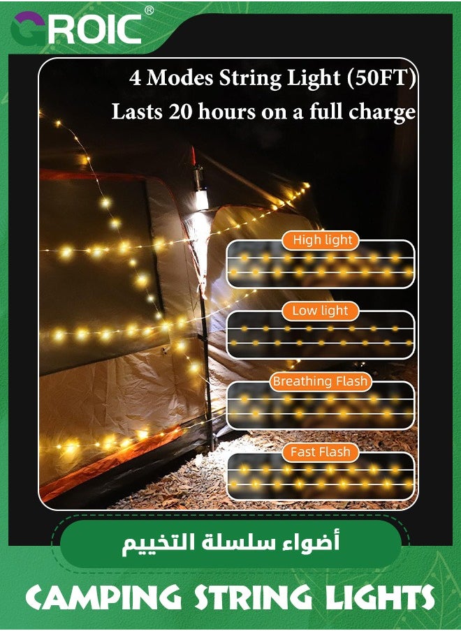 GROIC - Camping String Lights, 4 in 1 Outdoor String Lights,LED String Lights Waterproof IPX6 Portable Camping Lantern,Camping Lights with 8000mAh Battery, Camping Lantern Rechargeable Flashlight - Image 1