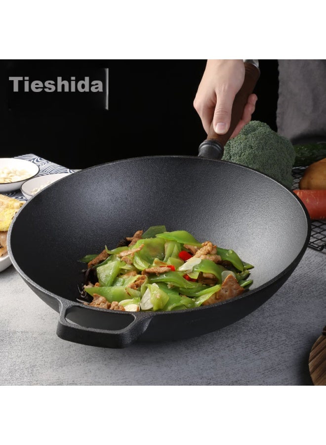 Telssida 32cm Traditional Thick Cast Iron Wok, Uncoated Round Bottom Frying Pan, Non-stick, For Home Use, Pointed Bottom - Image 1