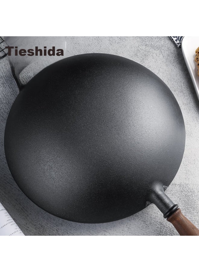 Telssida 32cm Traditional Thick Cast Iron Wok, Uncoated Round Bottom Frying Pan, Non-stick, For Home Use, Pointed Bottom - Image 2
