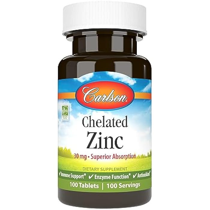 Carlson - Chelated Zinc, 30 mg - Superior Absorption, Immune Support & Enzyme Function, Antioxidant, 100 tablets - Image 1