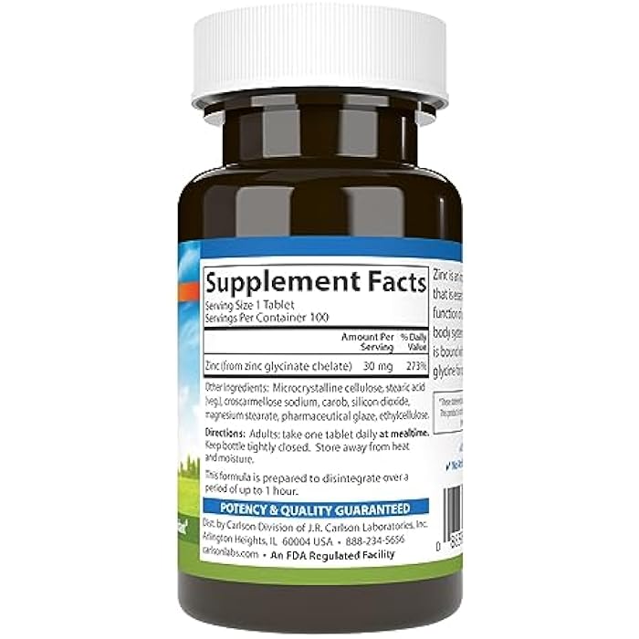 Carlson - Chelated Zinc, 30 mg - Superior Absorption, Immune Support & Enzyme Function, Antioxidant, 100 tablets - Image 2