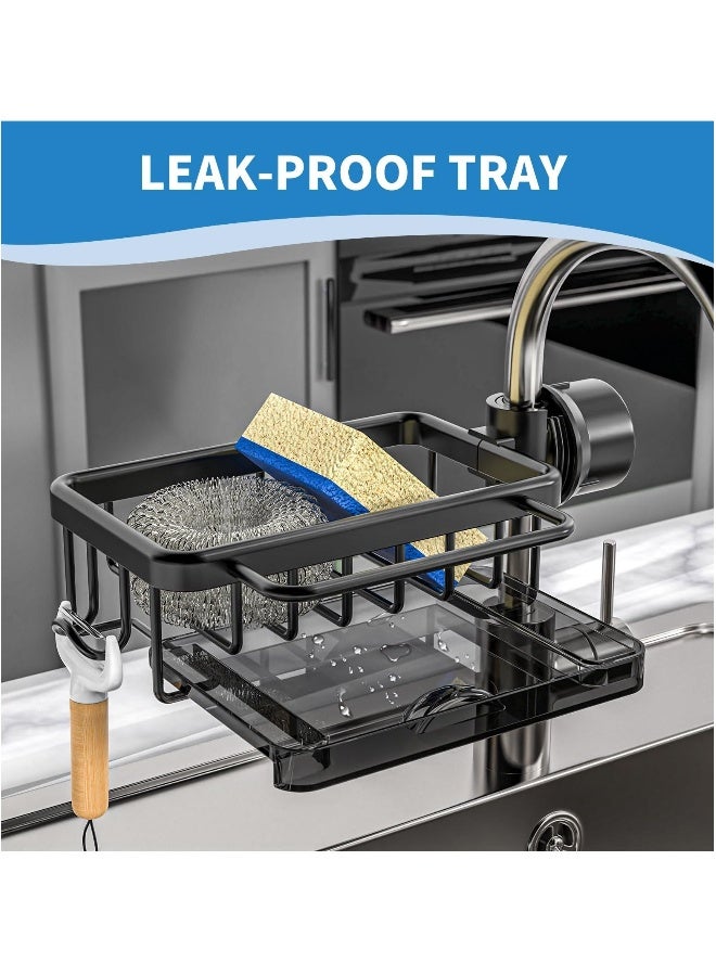 Sponge Holder for Kitchen Faucet, Aluminum Alloy Adjustable Faucet Rack, Kitchen Faucet Caddy Organizer for Holding Sponge/Dish Soap/Rag, Detachable Faucet Rack with Drain Tray (Black)