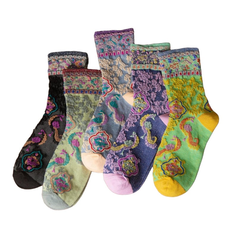 FORJMMP Vintage Style Crew Socks with Cute Floral Cuff for Women (5 Pairs-Set 11) - Image 1