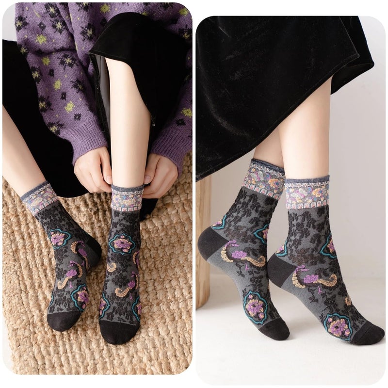 FORJMMP Vintage Style Crew Socks with Cute Floral Cuff for Women (5 Pairs-Set 11) - Image 5