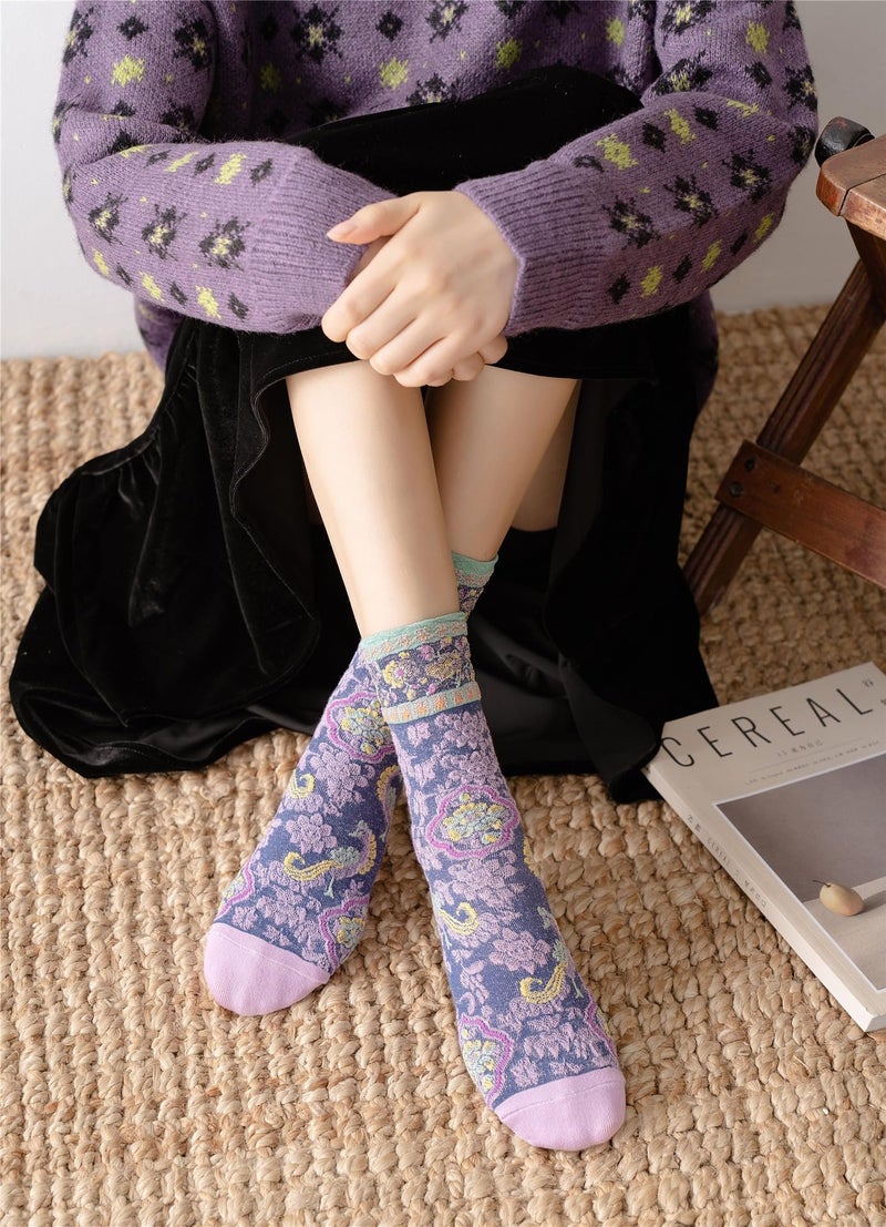 FORJMMP Vintage Style Crew Socks with Cute Floral Cuff for Women (5 Pairs-Set 11) - Image 3