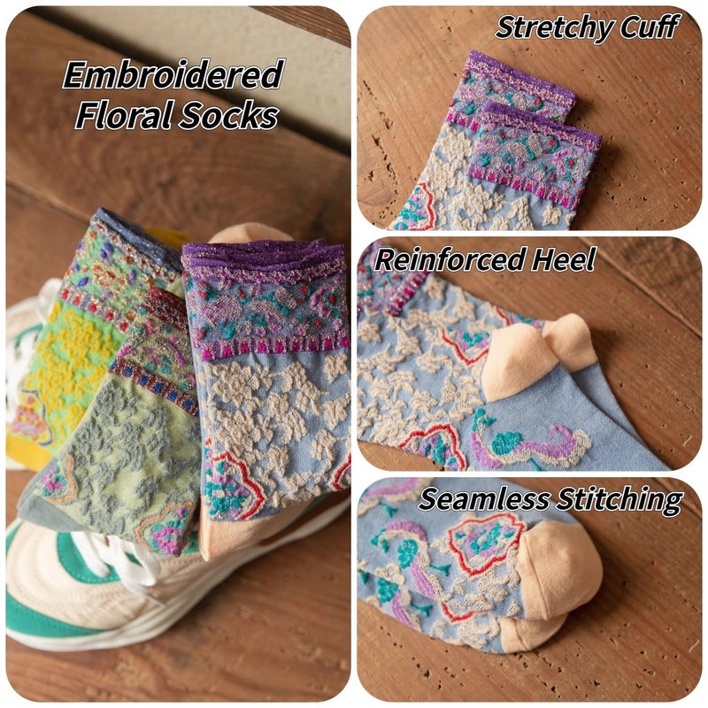 FORJMMP Vintage Style Crew Socks with Cute Floral Cuff for Women (5 Pairs-Set 11) - Image 4