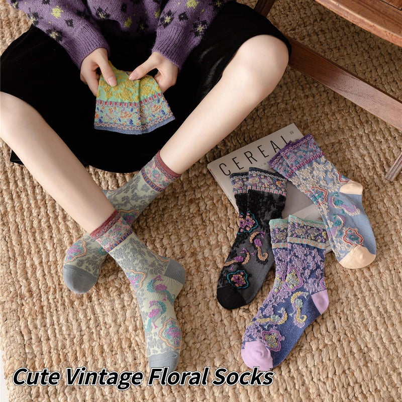 FORJMMP Vintage Style Crew Socks with Cute Floral Cuff for Women (5 Pairs-Set 11) - Image 2