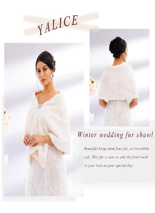 Yalice Yalice Wedding Faux Fur Shawl and Wrap Bridal Fur Stole Cape Fur Scarf for Bride and Bridesmaids (Beige)  - Image 2