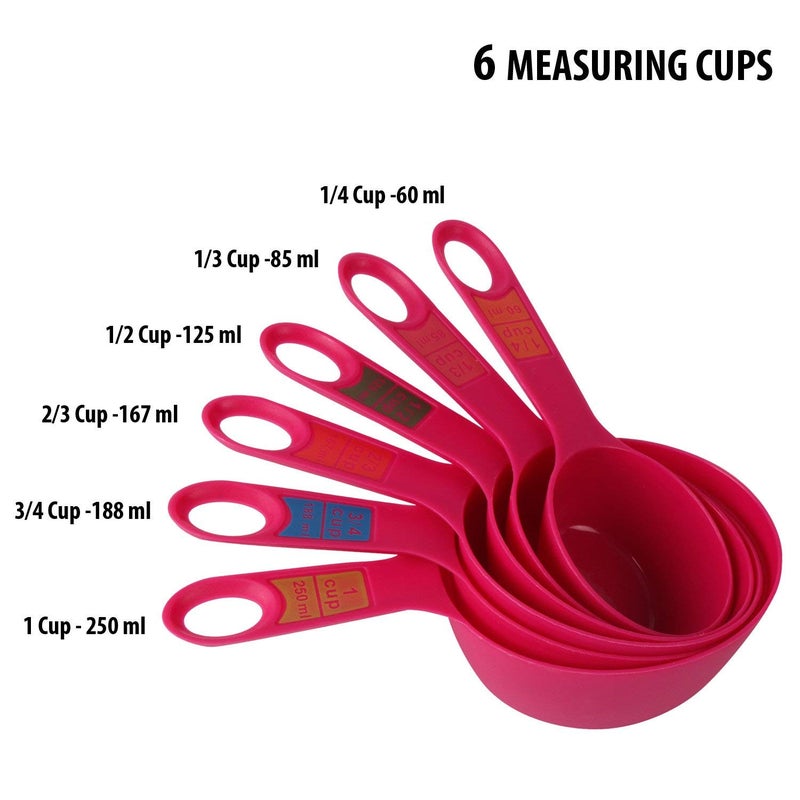 INKULTURE Plastic Measuring Cups and Spoon Set with Ring Holder 12 Piece Set Pink - Image 2
