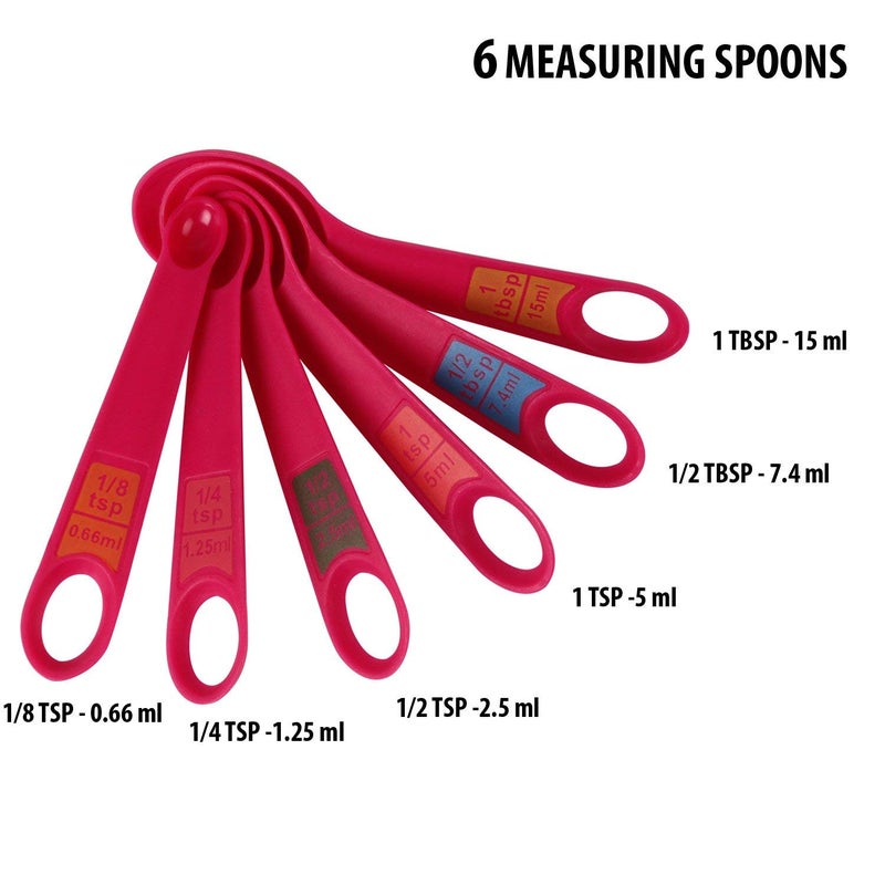 INKULTURE Plastic Measuring Cups and Spoon Set with Ring Holder 12 Piece Set Pink - Image 3