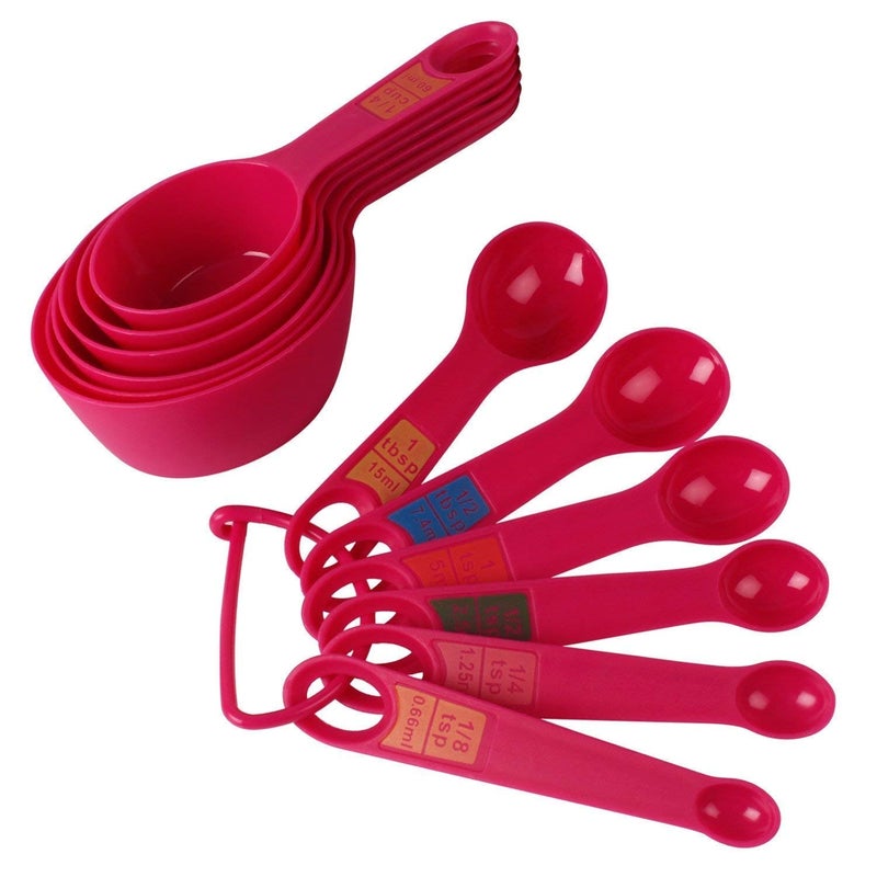 INKULTURE Plastic Measuring Cups and Spoon Set with Ring Holder 12 Piece Set Pink - Image 1
