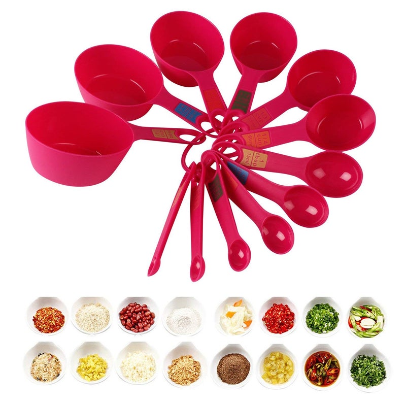 INKULTURE Plastic Measuring Cups and Spoon Set with Ring Holder 12 Piece Set Pink - Image 4
