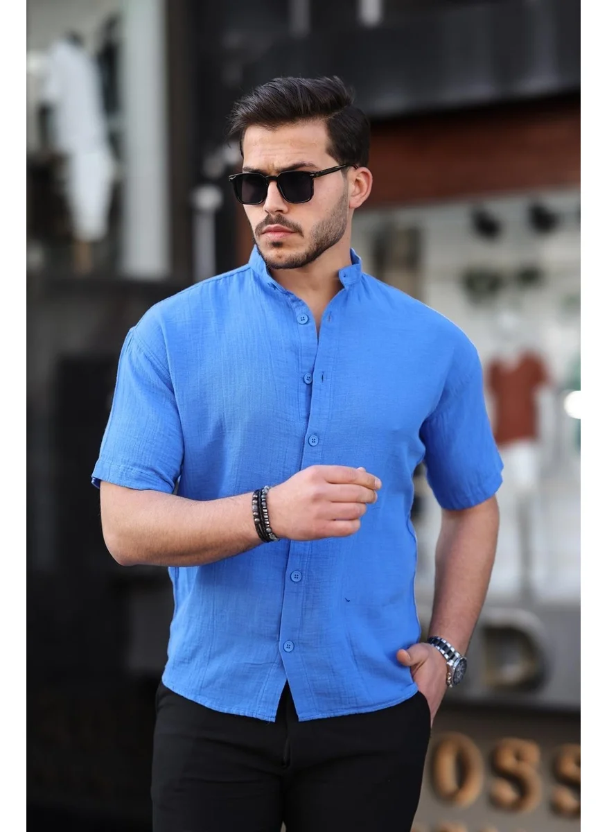 Valiberta Judge Collar Muslin Fabric Short Sleeve Shirt - Parliament Blue