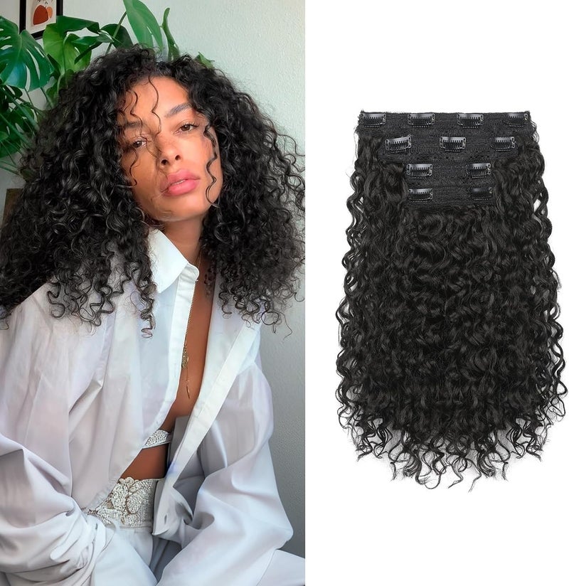 FLUFYMOOZ 4PC Clip in Hair Extensions 14 Inch 100 Pure Protein Silk Short Hairpiece Deep Curly Wavy Hair Extensions Clip in Natural Soft Hairpiece for WomenBlack Brown